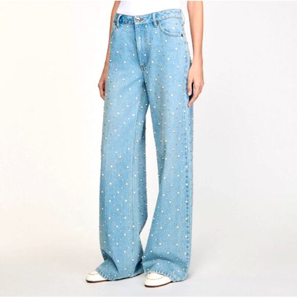 Sandro Women's Blue Rhinestone And Beaded Jeans Size 42US 10